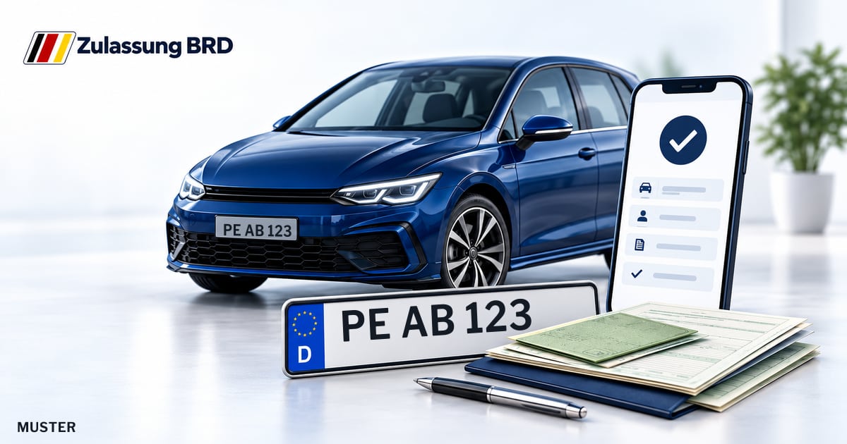 Online Fahrzeugzulassung in Peine: Musterkennzeichen PE AB 123, Auto und Fahrzeugpapiere und Smartphone. Illustration mit Logo von Zulassung BRD.